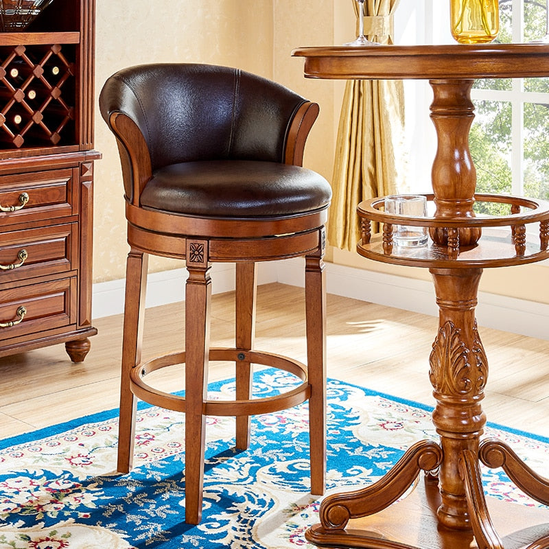 Modern European Solid Wood Bar Stools with Leather Back and Foot rest