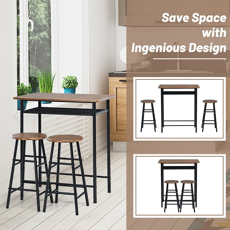 3 Pieces Industrial Design Bar Table with storage shelf and 2 Stools Set