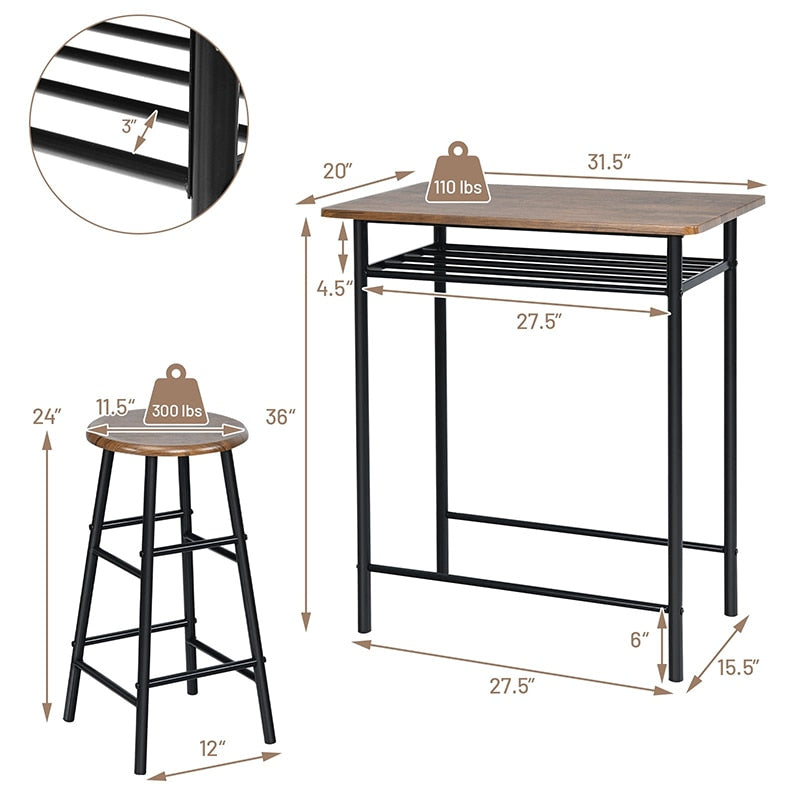 3 Pieces Industrial Design Bar Table with storage shelf and 2 Stools Set