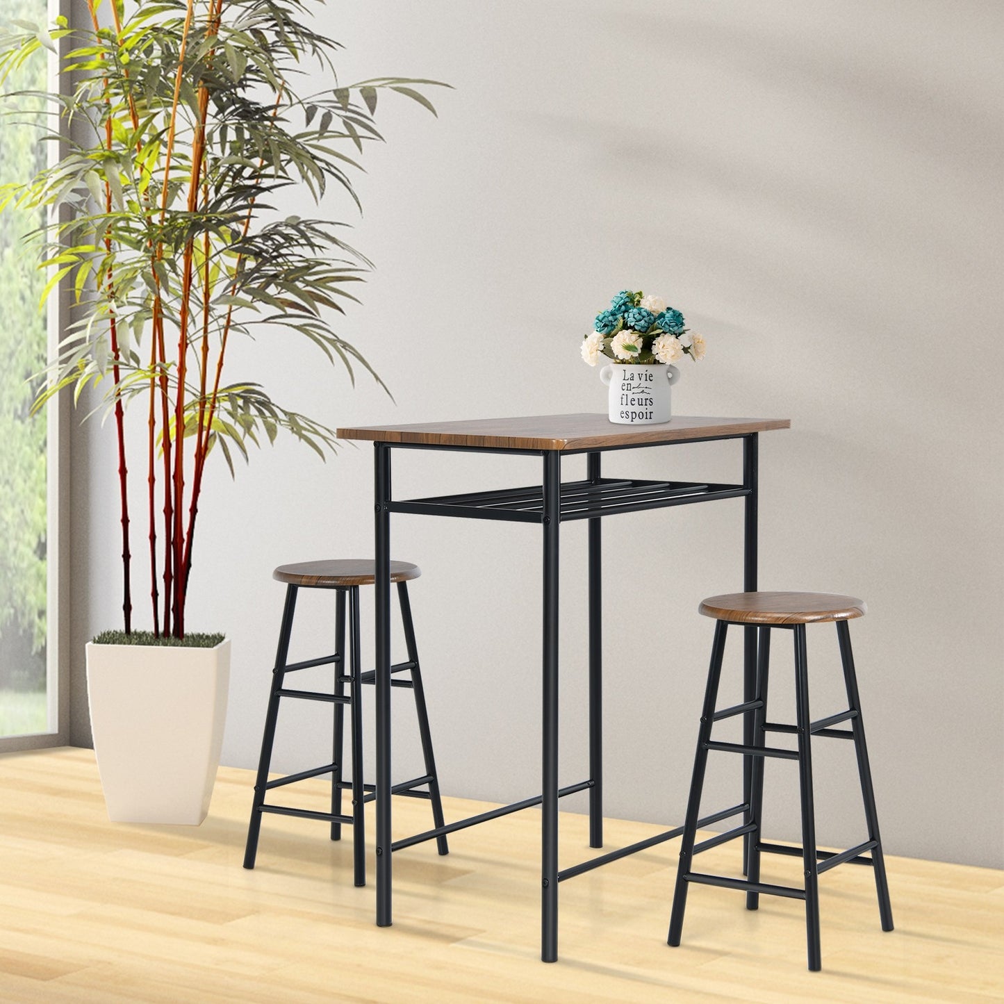 3 Pieces Industrial Design Bar Table with storage shelf and 2 Stools Set