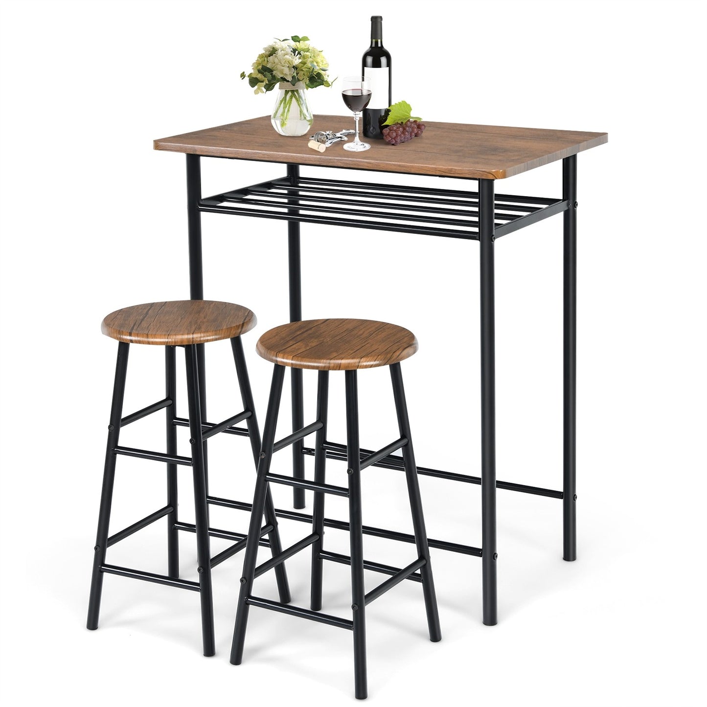 3 Pieces Industrial Design Bar Table with storage shelf and 2 Stools Set