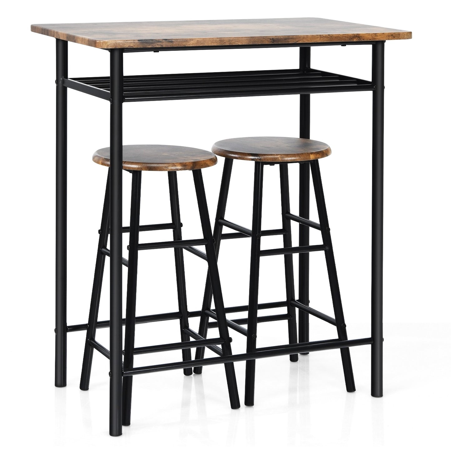 3 Pieces Industrial Design Bar Table with storage shelf and 2 Stools Set