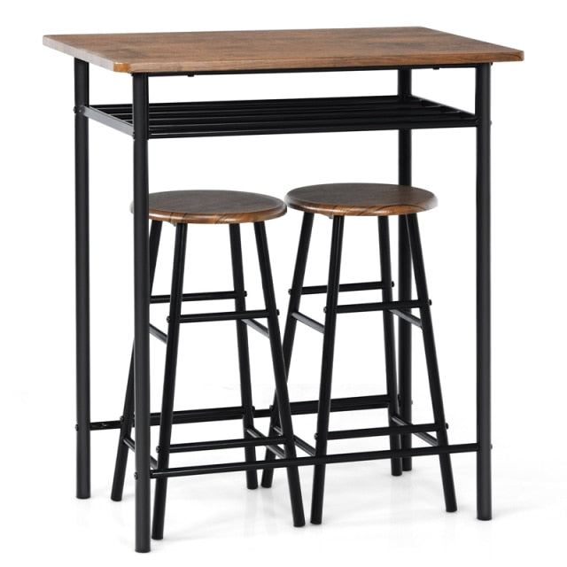 3 Pieces Industrial Design Bar Table with storage shelf and 2 Stools Set