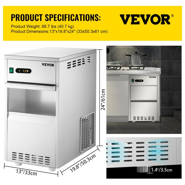 VEVOR 20-100 KG/24H Electric Ice Machine Snow Flake Maker Crusher Food Grade Stainless Steel