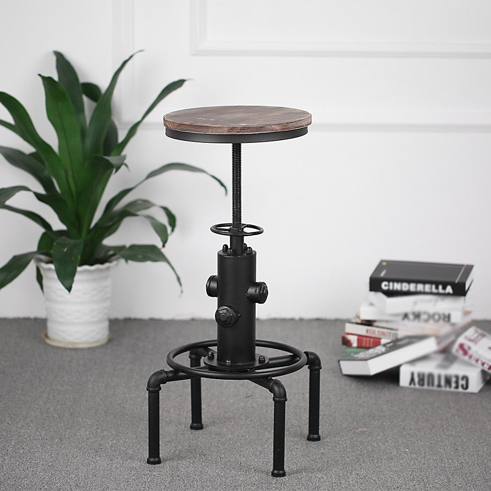 Metal Bar Stool with Height Adjustable Swivel and Pinewood Top and Pipe Barstool Footrest