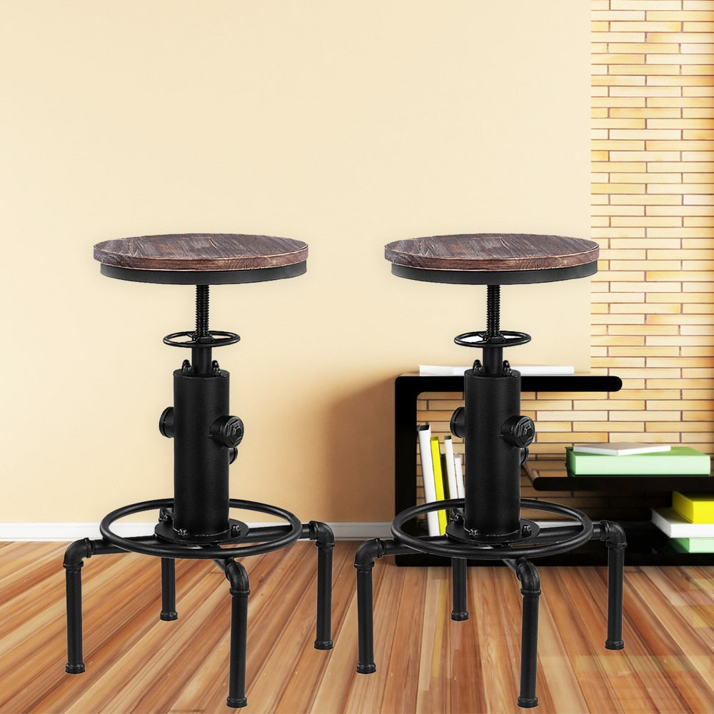 Metal Bar Stool with Height Adjustable Swivel and Pinewood Top and Pipe Barstool Footrest