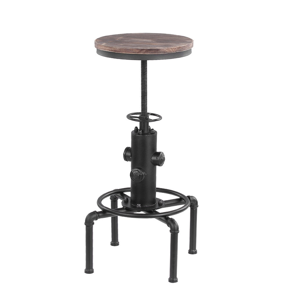 Metal Bar Stool with Height Adjustable Swivel and Pinewood Top and Pipe Barstool Footrest