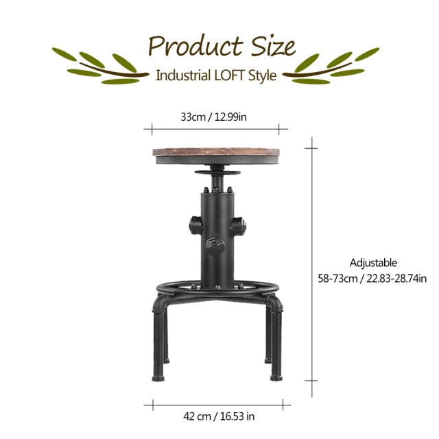 Metal Bar Stool with Height Adjustable Swivel and Pinewood Top and Pipe Barstool Footrest