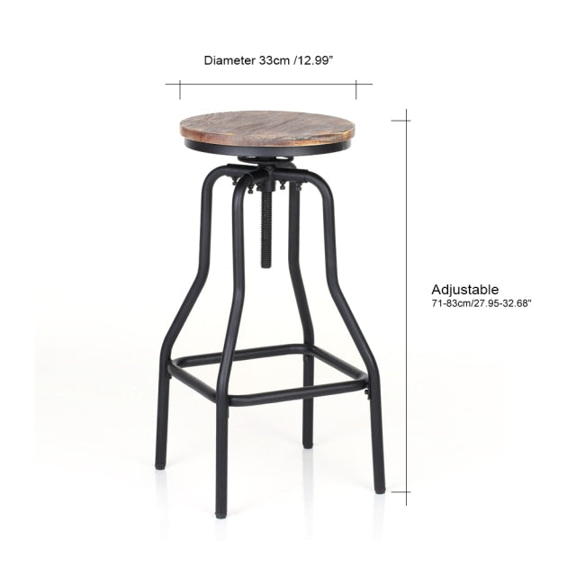 Metal Bar Stool with Height Adjustable Swivel and Pinewood Top and Pipe Barstool Footrest