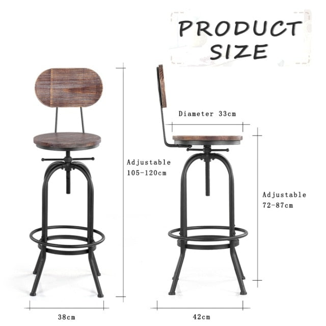 Metal Bar Stool with Height Adjustable Swivel and Pinewood Top and Pipe Barstool Footrest