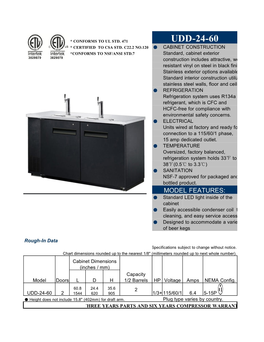 Beer Keg Dispenser Kegerator Commercial Refrigerator Beer double Taps Half-KegX2, TowerX2,2 Tap