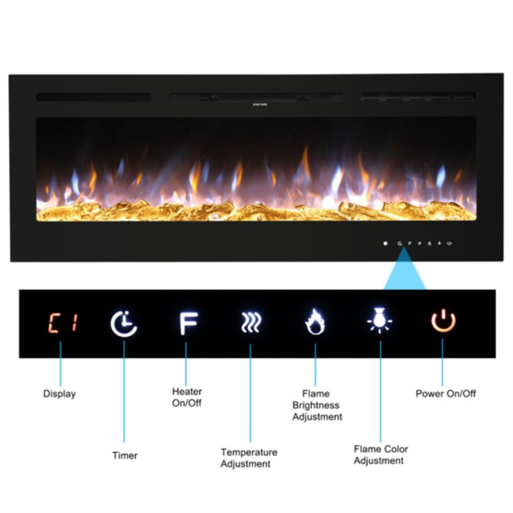 Fireplace With Remote Control Colorful/9-Color Flame Fireplace 120.00V 1500.00W 60in Glass Recessed/With Crystal Stone