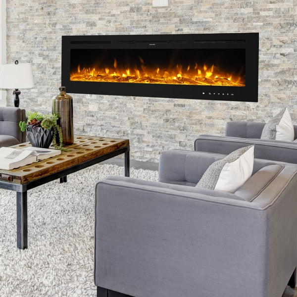 Fireplace With Remote Control Colorful/9-Color Flame Fireplace 120.00V 1500.00W 60in Glass Recessed/With Crystal Stone