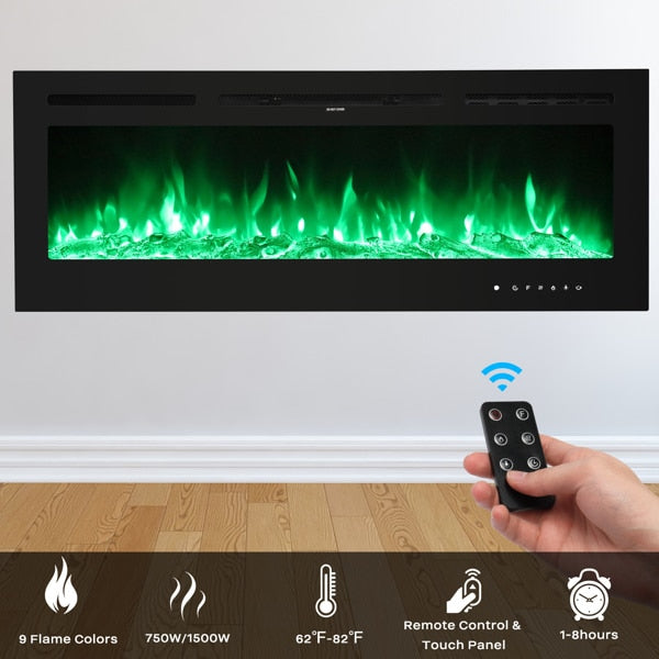 Fireplace With Remote Control Colorful/9-Color Flame Fireplace 120.00V 1500.00W 60in Glass Recessed/With Crystal Stone