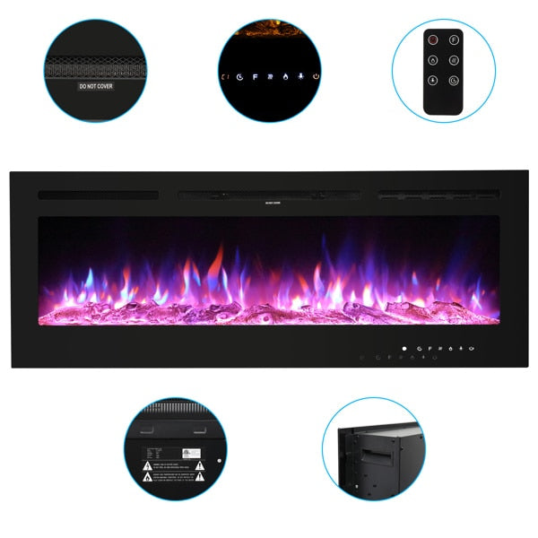 Fireplace With Remote Control Colorful/9-Color Flame Fireplace 120.00V 1500.00W 60in Glass Recessed/With Crystal Stone