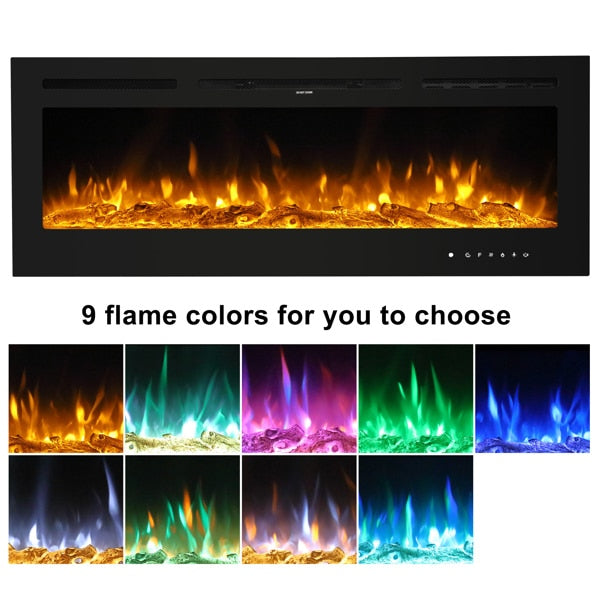 Fireplace With Remote Control Colorful/9-Color Flame Fireplace 120.00V 1500.00W 60in Glass Recessed/With Crystal Stone