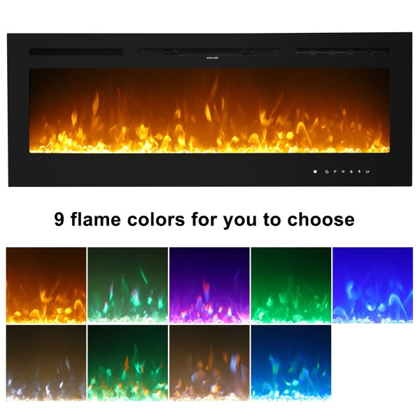 Fireplace With Remote Control Colorful/9-Color Flame Fireplace 120.00V 1500.00W 60in Glass Recessed/With Crystal Stone