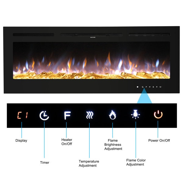 Fireplace With Remote Control Colorful/9-Color Flame Fireplace 120.00V 1500.00W 60in Glass Recessed/With Crystal Stone