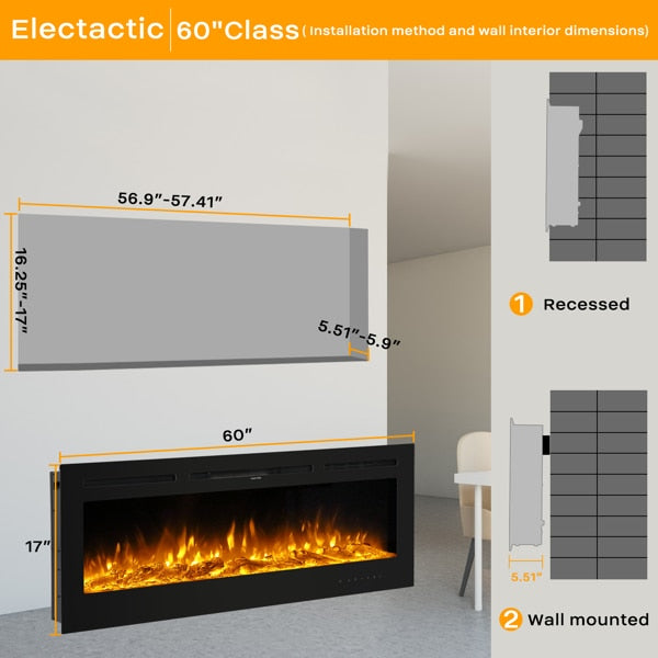 Fireplace With Remote Control Colorful/9-Color Flame Fireplace 120.00V 1500.00W 60in Glass Recessed/With Crystal Stone