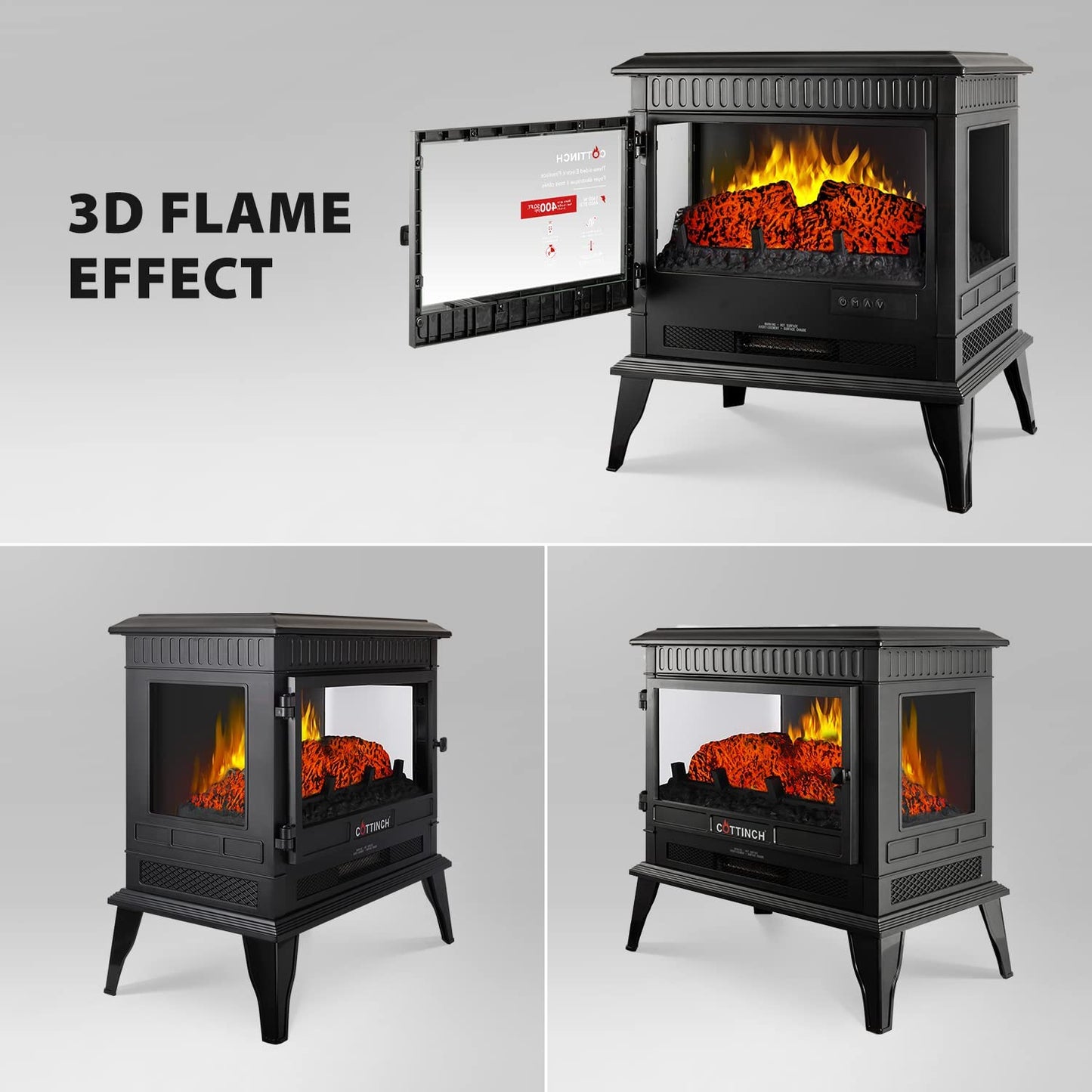 Freestanding Electric Fireplace Stove Heater w/ Realistic Flame / Timer / Remote for Indoor