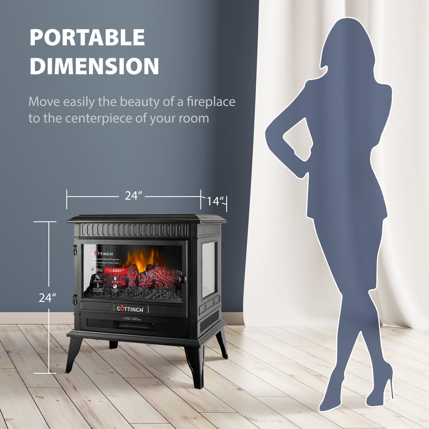 Freestanding Electric Fireplace Stove Heater w/ Realistic Flame / Timer / Remote for Indoor