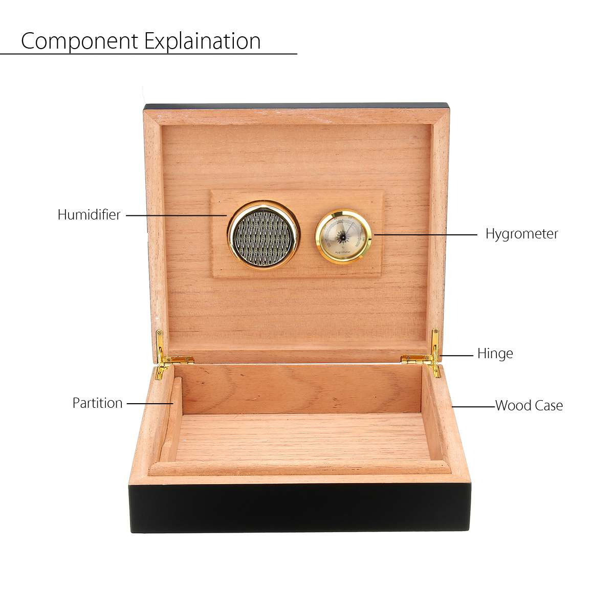 20-25 Count Black Cedar Wood Lined Cigar Humidor With Hygrometer and Humidifier