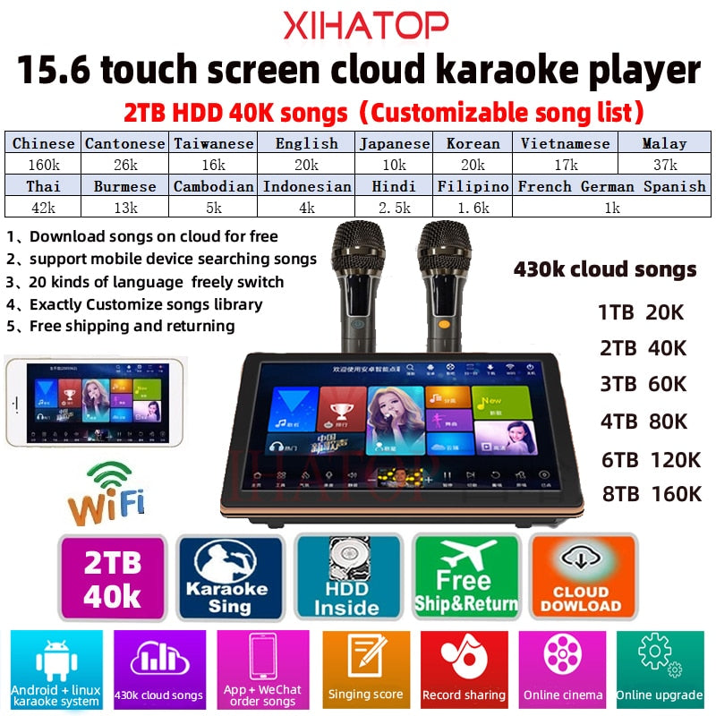 15.6-inch Karaoke system with wireless microphone and portable touchscreen for tv